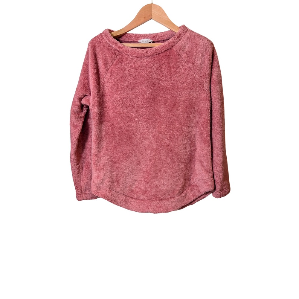 Loft Outlet Womens XS Pink Faux Fur Teddy Fleece Raglan Sweatshirt Curved Hem